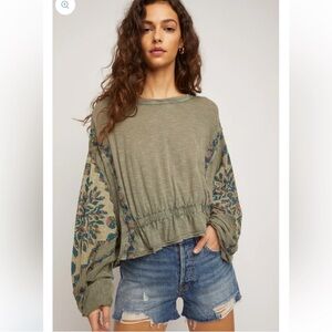 Free People Throwback Embroidered Volume Sleeve Top in Army Green